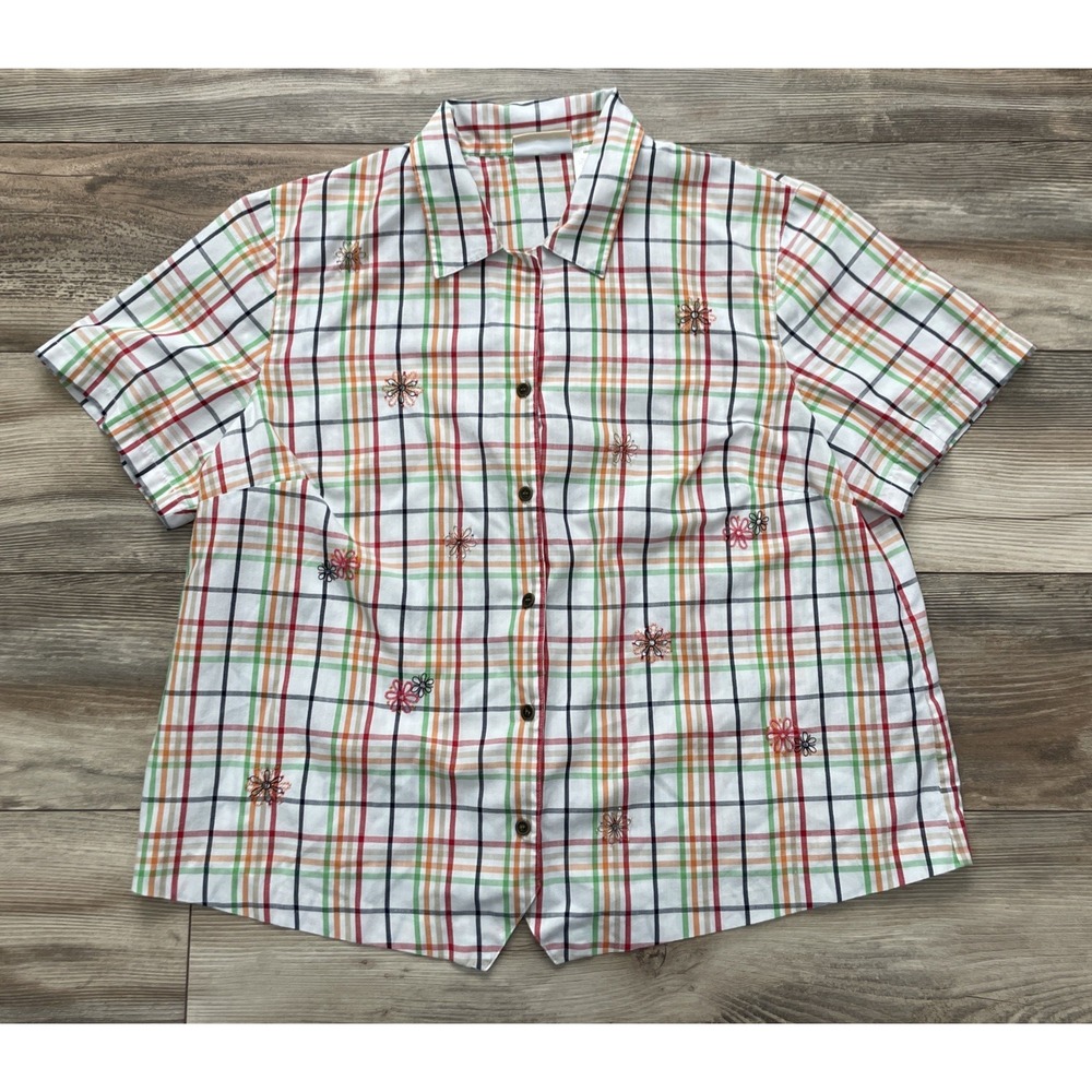 Alfred Dunner Women Size 18W Plaid Floral Button-Down Shirt Pockets